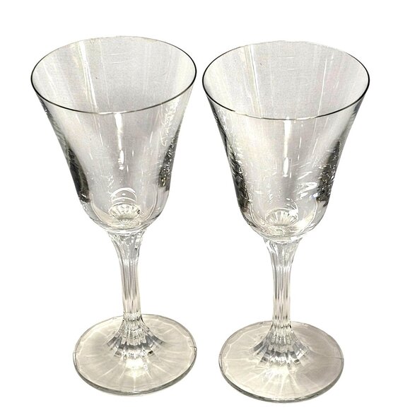 2 Crystal Flared Wine Glasses 7.5" elegant minimalist glass 8oz vtg ribbed 1990s - Picture 2 of 9